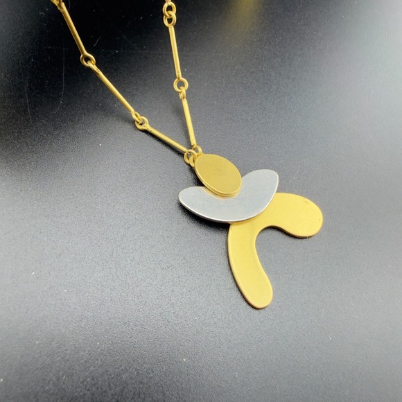 Madewell Two Tone Abstract Geometric Pendant Necklace Matte Gold Silver Tone - Picture 2 of 6